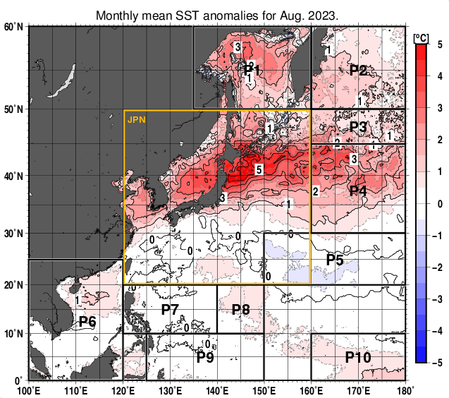 北西太平洋の月平均海面水温平年差分布図（2023年8月）
