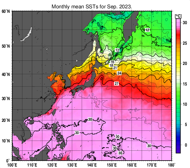 北西太平洋の月平均海面水温分布図（2023年9月）