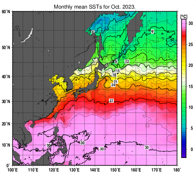 北西太平洋の月平均海面水温分布図（2023年10月）