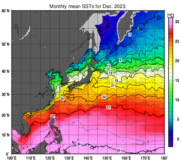北西太平洋の月平均海面水温分布図（2023年12月）