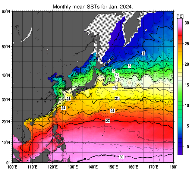 北西太平洋の月平均海面水温分布図（2024年1月）