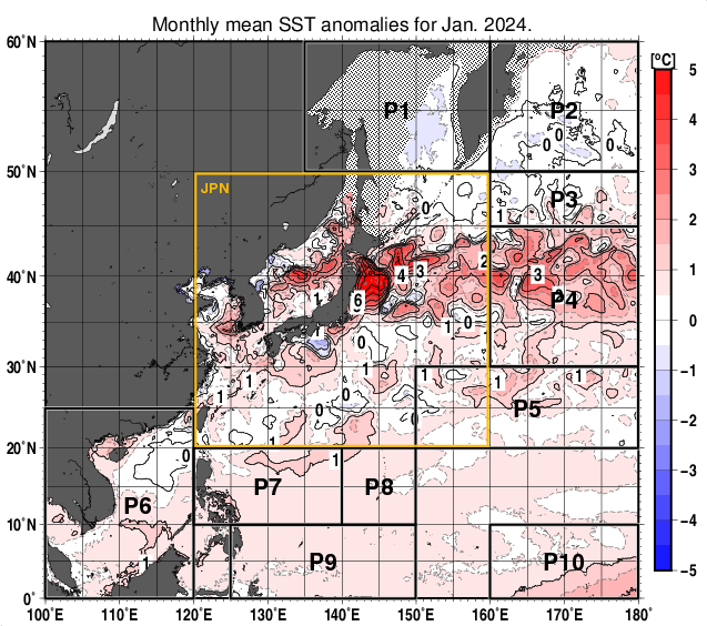 北西太平洋の月平均海面水温平年差分布図（2024年1月）