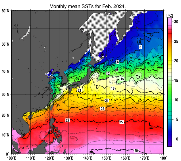 北西太平洋の月平均海面水温分布図（2024年2月）