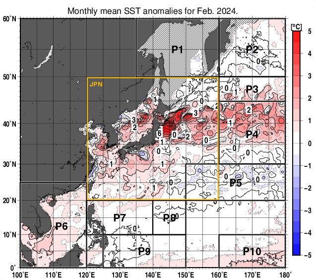 北西太平洋の月平均海面水温平年差分布図（2024年2月）