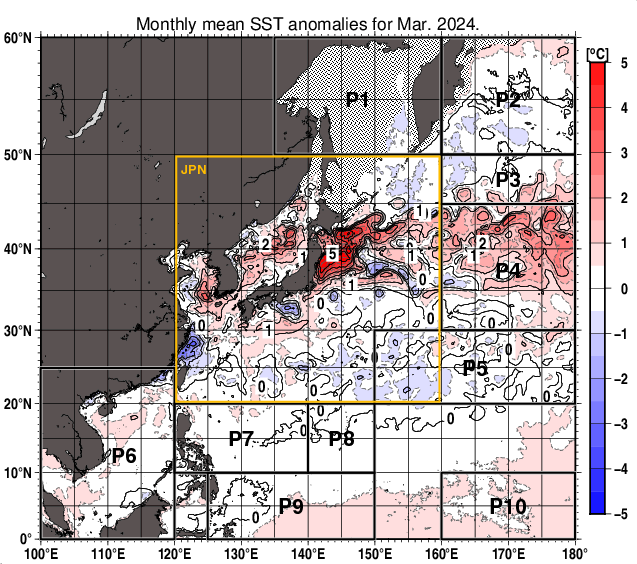 北西太平洋の月平均海面水温平年差分布図（2024年3月）