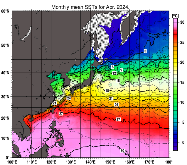 北西太平洋の月平均海面水温分布図（2024年4月）