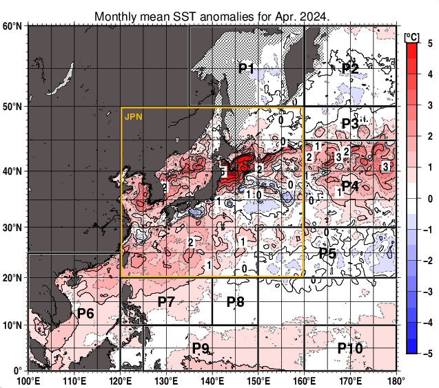 北西太平洋の月平均海面水温平年差分布図（2024年4月）