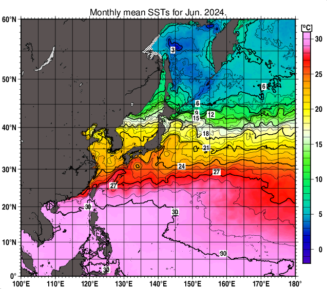 北西太平洋の月平均海面水温分布図（2024年6月）