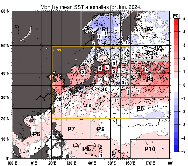 北西太平洋の月平均海面水温平年差分布図（2024年6月）