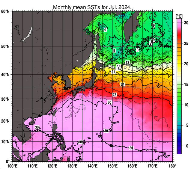 北西太平洋の月平均海面水温分布図（2024年7月）