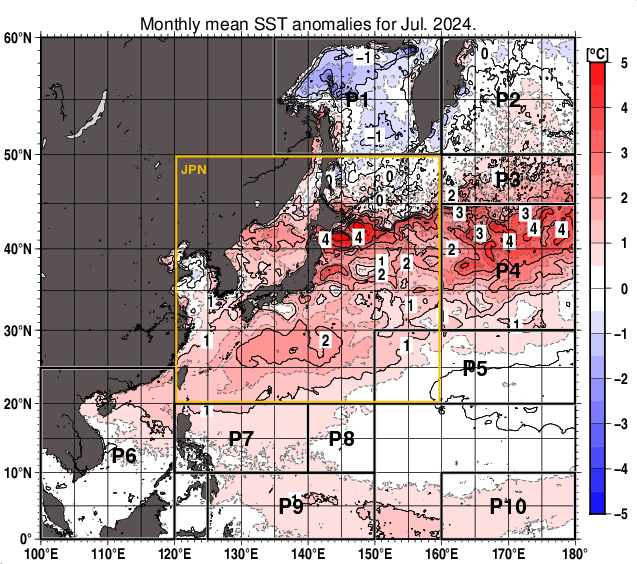 北西太平洋の月平均海面水温平年差分布図（2024年7月）