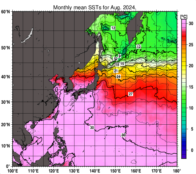 北西太平洋の月平均海面水温分布図（2024年8月）