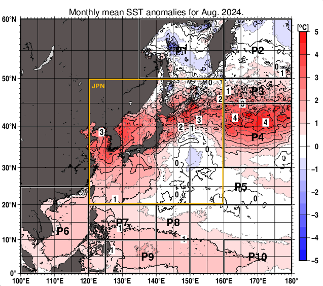 北西太平洋の月平均海面水温平年差分布図（2024年8月）