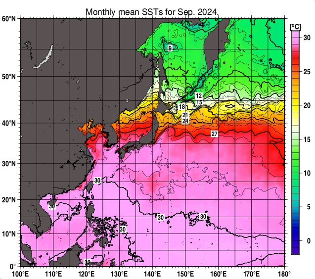 北西太平洋の月平均海面水温分布図（2024年9月）