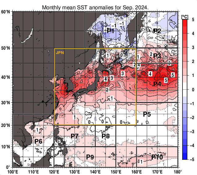 北西太平洋の月平均海面水温平年差分布図（2024年9月）