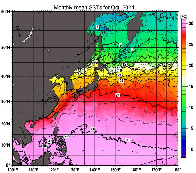 北西太平洋の月平均海面水温分布図（2024年10月）