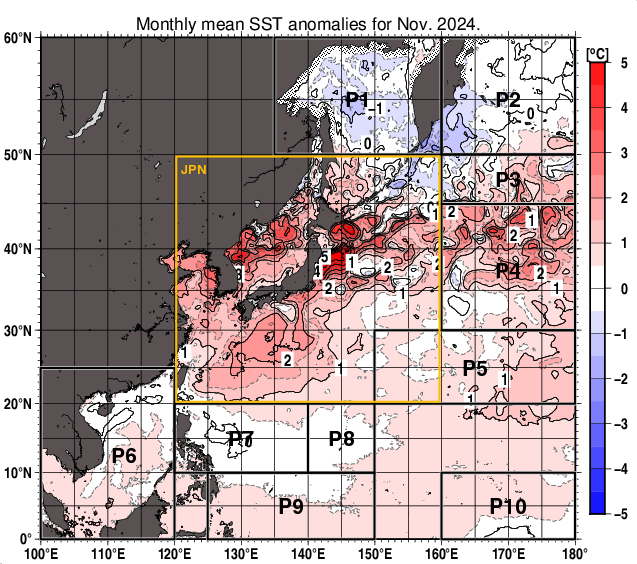 北西太平洋の月平均海面水温平年差分布図（2024年11月）