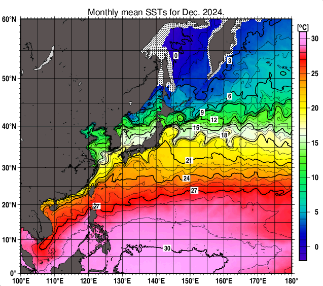 北西太平洋の月平均海面水温分布図（2024年12月）