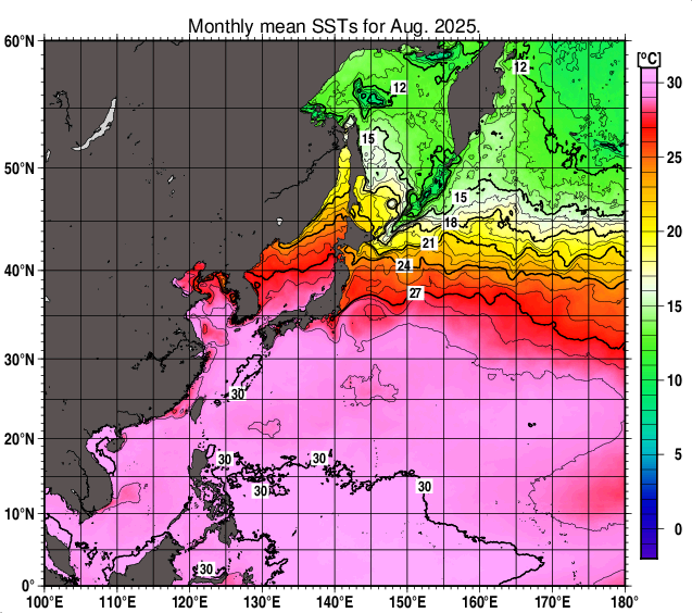 北西太平洋の月平均海面水温分布図（2025年8月）