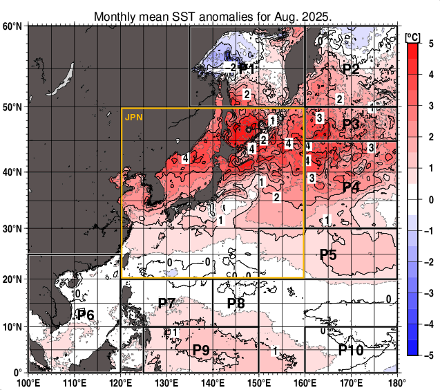 北西太平洋の月平均海面水温平年差分布図(2025年8月)