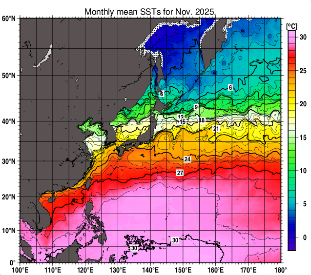北西太平洋の月平均海面水温分布図（2025年11月）