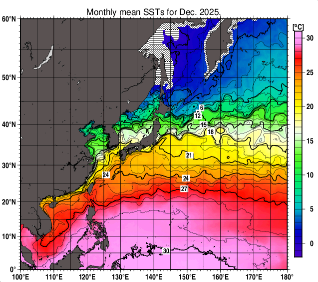 北西太平洋の月平均海面水温分布図（2025年12月）