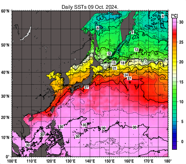 北西太平洋の海面水温分布図（10月9日）