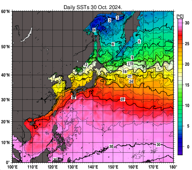 北西太平洋の海面水温分布図（10月30日）