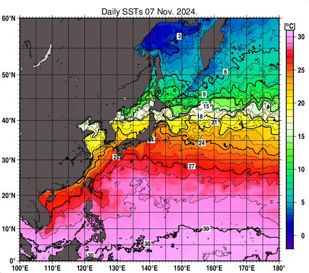 北西太平洋の海面水温分布図（11月7日）