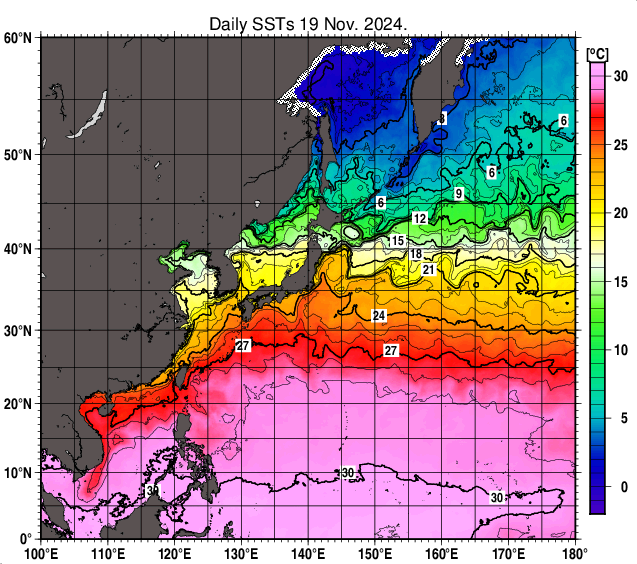 北西太平洋の海面水温分布図（11月19日）