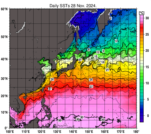 北西太平洋の海面水温分布図（11月28日）