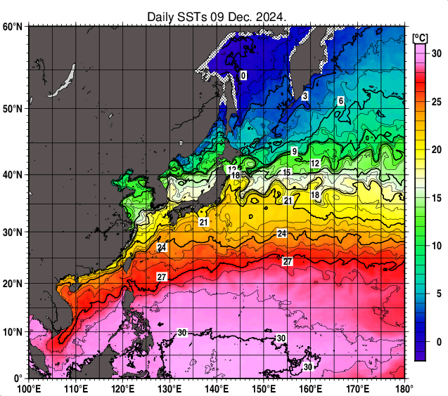 北西太平洋の海面水温分布図（12月9日）