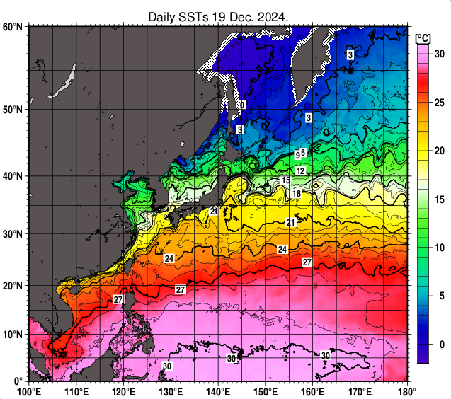 北西太平洋の海面水温分布図（12月19日）