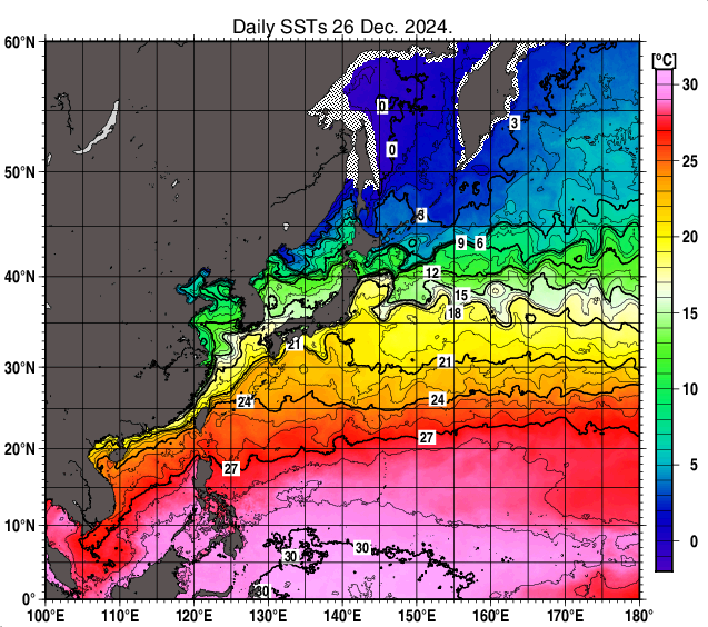 北西太平洋の海面水温分布図（12月26日）