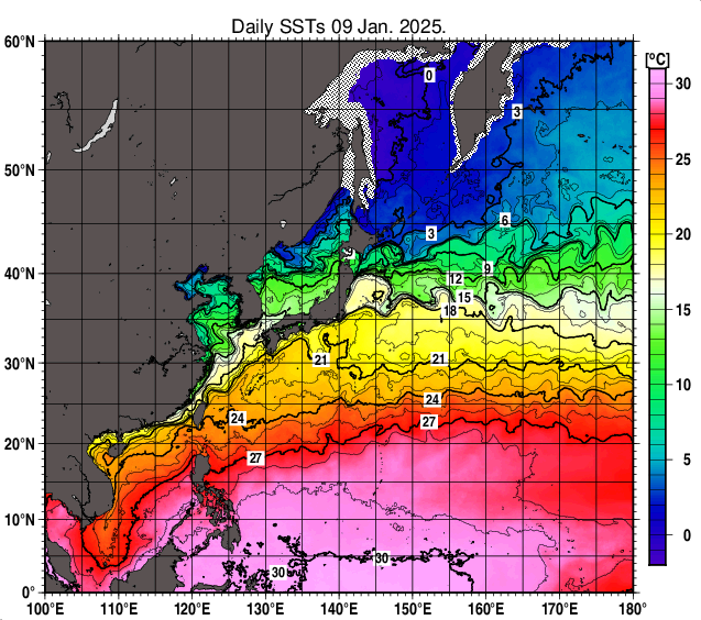 北西太平洋の海面水温分布図（1月9日）