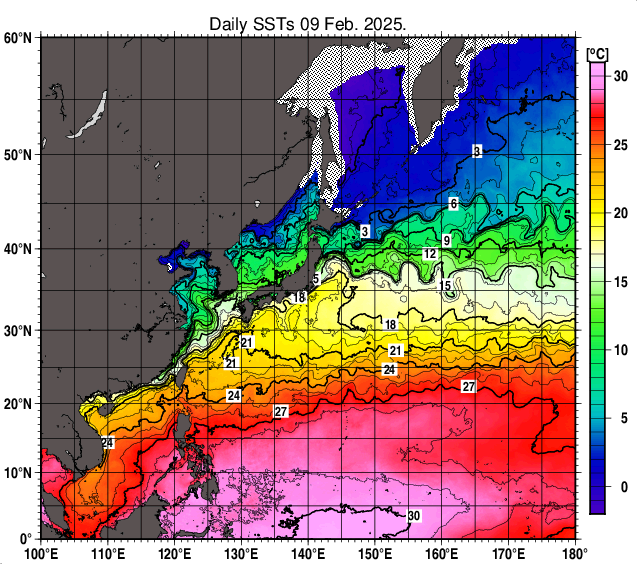 北西太平洋の海面水温分布図（2月9日）