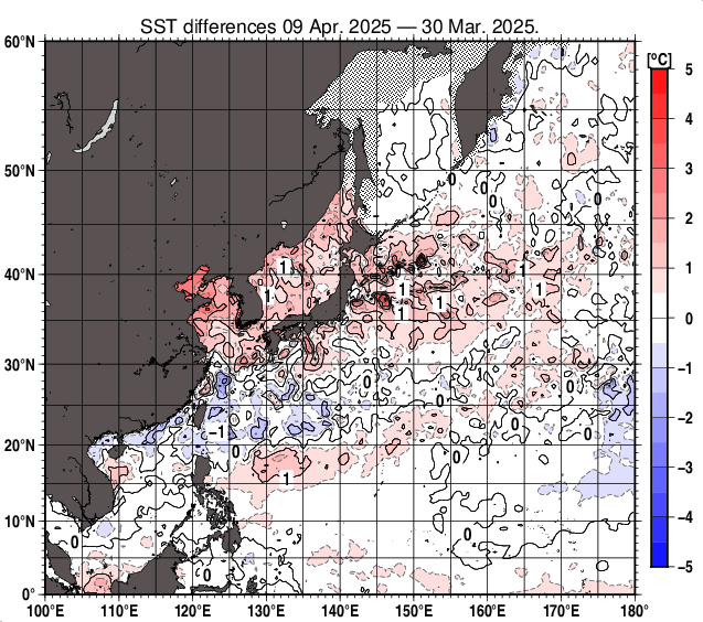 北西太平洋の10日間の海面水温変化量分布図（4月9日）