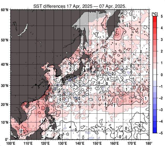 北西太平洋の10日間の海面水温変化量分布図（4月17日）
