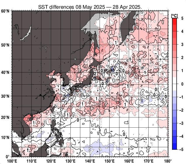 北西太平洋の10日間の海面水温変化量分布図（5月8日）
