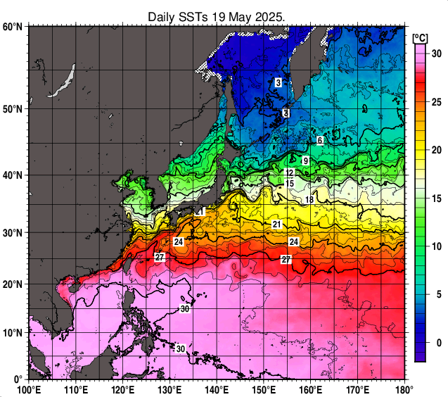 北西太平洋の海面水温分布図（5月19日）