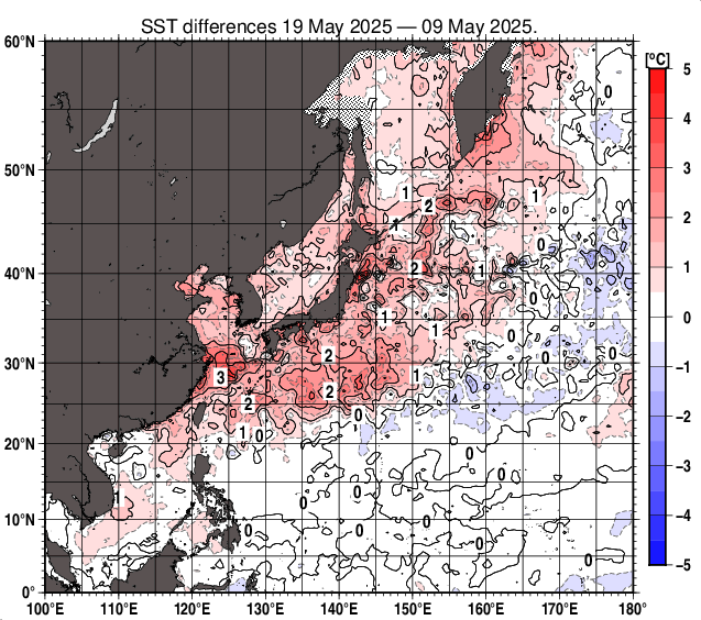 北西太平洋の10日間の海面水温変化量分布図（5月19日）