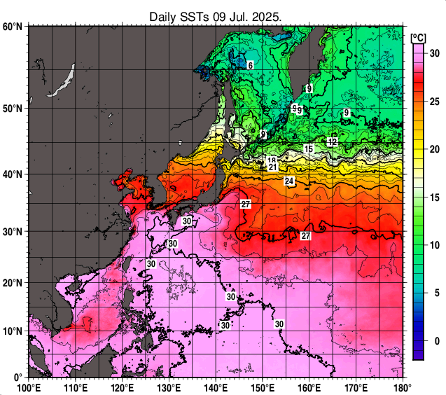 北西太平洋の海面水温分布図（7月9日）