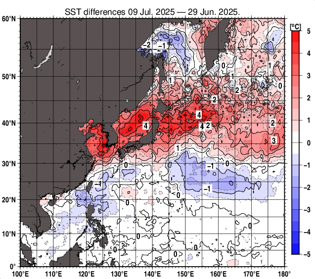 北西太平洋の10日間の海面水温変化量分布図（7月9日）
