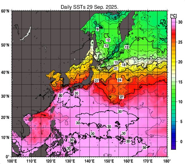 北西太平洋の海面水温分布図(9月29日)