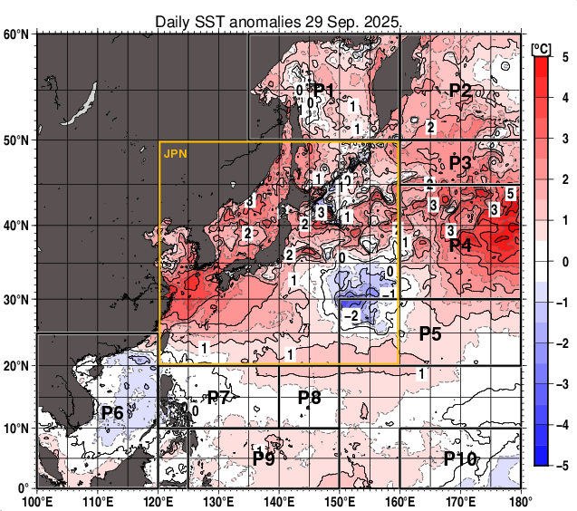 北西太平洋の海面水温平年差分布図(9月29日)