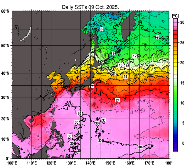 北西太平洋の海面水温分布図(10月9日)