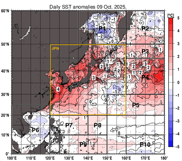 北西太平洋の海面水温平年差分布図(10月9日)