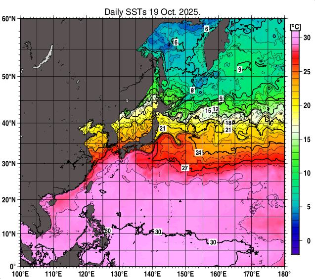 北西太平洋の海面水温分布図（10月19日）