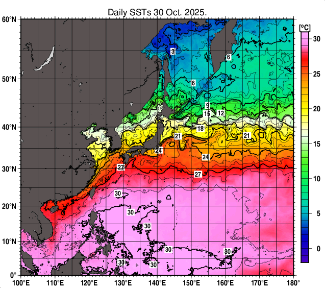 北西太平洋の海面水温分布図（10月30日）