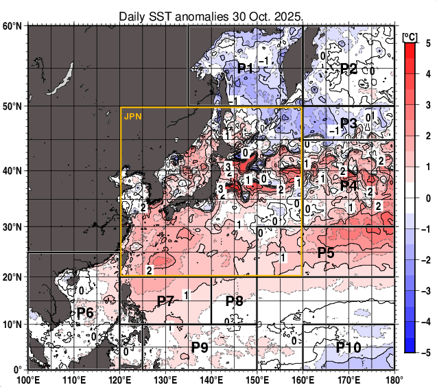 北西太平洋の海面水温平年差分布図（10月30日）